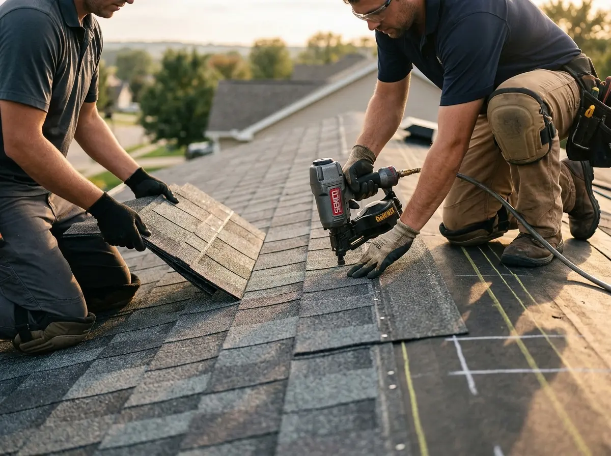 Professional roofer working on a residential roof in Zimmerman